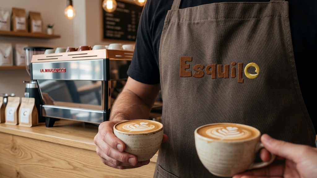 Barista com avental bordado do logo Esquilo Cafeteria