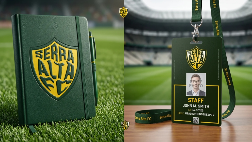 Caderno oficial e crachá do estádio Serra Alta FC
